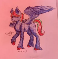 Size: 1064x1080 | Tagged: safe, artist:jennifer696jones, derpibooru import, oc, oc:hellfire, pegasus, pony, alternative colors, blue fur, male, traditional art, wings