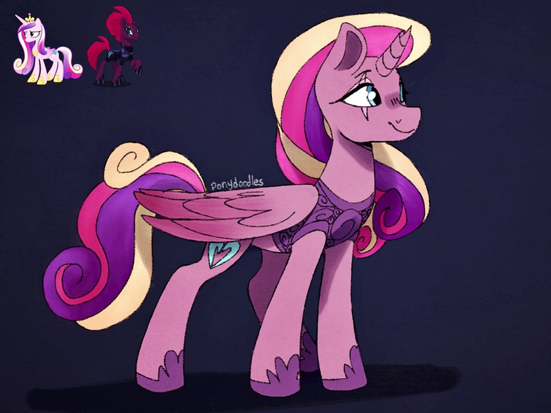 Size: 2048x1536 | Tagged: safe, artist:incendiaryboobs, derpibooru import, princess cadance, tempest shadow, alicorn, pony, unicorn, armor, broken horn, eye scar, female, fusion, hoof shoes, horn, mare, scar, solo