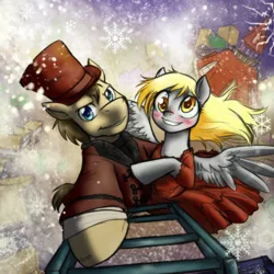 Size: 1200x1200 | Tagged: safe, artist:jitterbugjive, derpibooru import, derpy hooves, doctor whooves, time turner, pegasus, pony, lovestruck derpy, blushing, clara oswin oswald, clothes, doctor who, doctorderpy, dress, female, hat, ladder, male, mare, shipping, snow, snowfall, straight, tardis, the snowmen, top hat