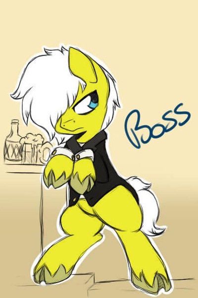 Size: 438x657 | Tagged: artist needed, safe, derpibooru import, oc, oc:boss, unofficial characters only, earth pony, pony, clothes, cloven hooves, drink, hair over one eye, mug, solo