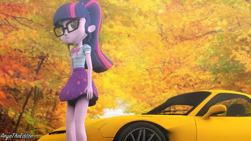 Size: 4096x2304 | Tagged: safe, artist:aryatheeditor, derpibooru import, sci-twi, twilight sparkle, equestria girls, equestria girls series, 3d, autumn, bowtie, car, clothes, cutie mark, forest, geode of telekinesis, glasses, legs, magical geodes, mazda, mazda rx-7, miniskirt, my little pony, photo, ponytail, shirt, skirt, solo, source filmmaker, stand, standing, t-shirt, vehicle