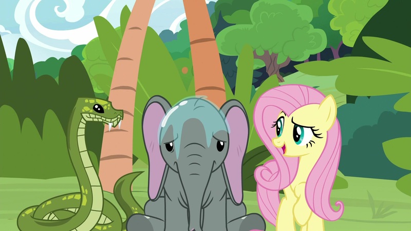 Size: 1920x1080 | Tagged: safe, derpibooru import, screencap, angel bunny, antoine, fluttershy, muriel, elephant, pegasus, pony, python, snake, she talks to angel, baby elephant, body swap, drool, fangs, female, folded wings, male, mare, not fluttershy, raised eyebrow, raised hoof, trio, wings