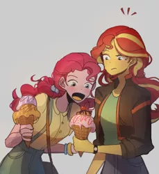 Size: 1480x1616 | Tagged: safe, artist:tcn1205, derpibooru import, pinkie pie, sunset shimmer, equestria girls, alternate hairstyle, cute, duo, female, food, gray background, ice cream, ice cream cone, open mouth, pigtails, simple background