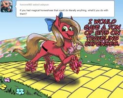 Size: 1000x800 | Tagged: safe, artist:atomi-cat, derpibooru import, oc, oc:pun, oc:wit, earth pony, hare, pony, ask pun, ask, bow, clothes, female, hair bow, mare, ruby slippers, shoes, solo, the wizard of oz, yellow brick road