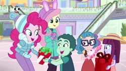 Size: 1280x720 | Tagged: safe, derpibooru import, screencap, fluttershy, kimberlite, mint chip, pinkie pie, technicolor waves, equestria girls, equestria girls series, holidays unwrapped, spoiler:eqg series (season 2), canterlot mall, clothes, female, glasses, gloves, kids, male, pants, plusplus, present, smiling, winter outfit
