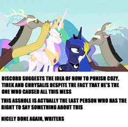 Size: 1364x1360 | Tagged: safe, derpibooru import, edit, edited screencap, screencap, discord, princess celestia, princess luna, alicorn, draconequus, pony, the ending of the end, leak, cropped, discord drama, drama, impact font, meme, op has a point, self paradox