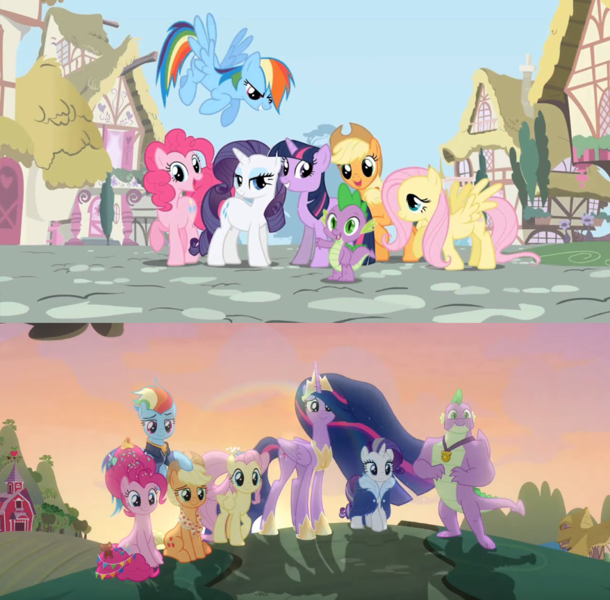 Size: 878x864 | Tagged: safe, derpibooru import, edit, screencap, applejack, fluttershy, pinkie pie, princess twilight 2.0, rainbow dash, rarity, spike, twilight sparkle, twilight sparkle (alicorn), alicorn, dragon, unicorn, the last problem, apple farm, end of ponies, ethereal mane, female, gigachad spike, male, mane seven, mane six, mare, older, older applejack, older fluttershy, older mane seven, older mane six, older pinkie pie, older rainbow dash, older rarity, older spike, older twilight, ponyville, unicorn twilight, winged spike