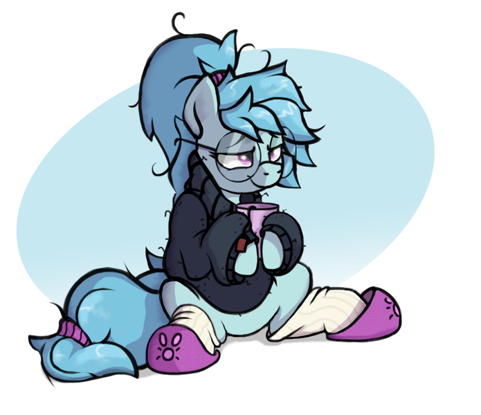 Size: 819x707 | Tagged: safe, artist:rexyseven, derpibooru import, oc, oc:whispy slippers, unofficial characters only, earth pony, pony, clothes, coffee mug, female, food, glasses, hoof hold, mare, mug, sitting, slippers, socks, solo, sweater, tea, teabag, turtleneck