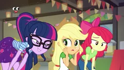 Size: 1280x720 | Tagged: safe, derpibooru import, screencap, apple bloom, applejack, sci-twi, twilight sparkle, equestria girls, equestria girls series, holidays unwrapped, spoiler:eqg series (season 2), applejack's hat, belt, bow, clothes, cowboy hat, female, freckles, glasses, hat, jeans, pants, plusplus, ponytail, skirt, smiling, stetson