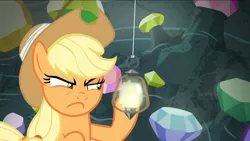 Size: 1674x941 | Tagged: safe, derpibooru import, screencap, applejack, pony, dragon dropped, eyebrows, female, gem, gem cave, lantern, mare, shrunken pupils, solo