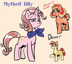 Size: 958x842 | Tagged: safe, artist:soulcentinel, derpibooru import, oc, oc:dewey, oc:mythril lily, oc:strawberry sunset, earth pony, pony, unicorn, fanfic:twin fates, clothes, cute, cutie mark, female, freckles, male, text, young