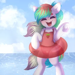 Size: 3000x3000 | Tagged: artist:adostume, beach, blank flank, blushing, clothes, derpibooru import, eyes closed, female, floaty, floppy ears, inflatable, laughing, oc, ocean, one-piece swimsuit, pegasus, pool toy, safe, semi-anthro, sky, smiling, solo, swimsuit, teeth, underhoof, unofficial characters only, water