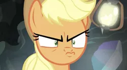 Size: 828x457 | Tagged: safe, derpibooru import, screencap, applejack, earth pony, pony, dragon dropped, angry, applejack is best facemaker, close-up, grumpy, shrunken pupils, solo, unamused