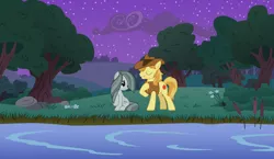 Size: 2064x1193 | Tagged: a happy ending for marble pie, braeble, braeburn, creek, derpibooru import, evening, female, forest, happy ending, jon pardi, lyrics, lyrics in the description, male, marble pie, night, outdoors, river, romance, safe, scenery, serenade, shipping, singing, smiling, song reference, starry night, stars, straight, stream, text, tree, up all night, youtube link