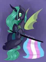 Size: 1280x1707 | Tagged: artist:incendiaryboobs, changeling, changeling queen, derpibooru import, female, gender headcanon, green changeling, lgbt headcanon, pride, pride flag, queen chrysalis, safe, sharp teeth, solo, teeth, transgender, transgender pride flag