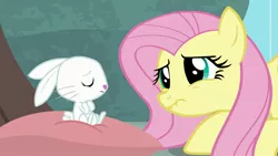 Size: 1920x1080 | Tagged: safe, derpibooru import, screencap, angel bunny, fluttershy, pony, rabbit, she talks to angel, animal, body swap, cute, duo, eyes closed, female, male, mare, sad, sadorable, shyabetes, solo