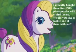Size: 625x424 | Tagged: safe, derpibooru import, edit, edited screencap, screencap, puzzlemint, pony, bronybait, cropped, cute, flower, g3, greetings from unicornia, puzzlebetes, speech, talking, that pony sure does love puzzles, tree