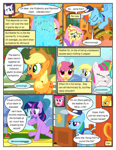 Size: 612x792 | Tagged: safe, artist:newbiespud, derpibooru import, edit, edited screencap, screencap, applejack, blossomforth, derpy hooves, dizzy twister, fluttershy, orange swirl, pinkie pie, rainbow dash, rarity, sunshower raindrops, twilight sparkle, earth pony, pegasus, pony, unicorn, comic:friendship is dragons, hurricane fluttershy, anemometer, apple, background pony, baseball cap, bathrobe, bucket, cap, clothes, comic, coughing, dialogue, eyes closed, feather, feather flu, flying, food, freckles, frown, grin, hat, looking up, mane six, molting, pony pox, robe, sad, screencap comic, sick, sitting, smiling, tree, unicorn twilight, wet, whistle, worried