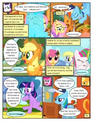 Size: 612x792 | Tagged: safe, artist:newbiespud, derpibooru import, edit, edited screencap, screencap, applejack, blossomforth, derpy hooves, dizzy twister, fluttershy, orange swirl, pinkie pie, rainbow dash, rarity, sunshower raindrops, twilight sparkle, earth pony, pegasus, pony, unicorn, comic:friendship is dragons, hurricane fluttershy, anemometer, apple, background pony, baseball cap, bathrobe, bucket, cap, clothes, comic, coughing, dialogue, eyes closed, feather, feather flu, flying, food, freckles, frown, grin, hat, looking up, mane six, molting, pony pox, robe, sad, screencap comic, sick, sitting, smiling, tree, unicorn twilight, wet, whistle, worried