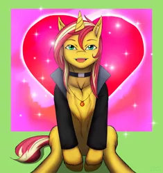 Size: 2100x2236 | Tagged: safe, artist:rittaruzira, derpibooru import, sunset shimmer, pony, alternate hairstyle, choker, clothes, cloven hooves, female, geode of empathy, green background, heart, heart background, jacket, magical geodes, needs more saturation, open mouth, simple background, sitting, solo
