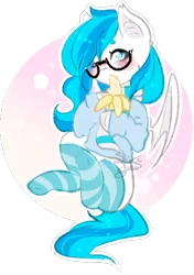 Size: 404x573 | Tagged: safe, artist:shiroikitten, derpibooru import, oc, oc:xenia amata, pony, banana, clothes, female, food, glasses, mare, socks, solo, striped socks