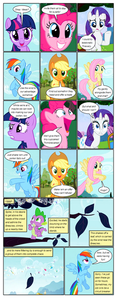 Size: 612x1552 | Tagged: safe, artist:newbiespud, derpibooru import, edit, edited screencap, screencap, applejack, fluttershy, pinkie pie, rainbow dash, rarity, spike, twilight sparkle, breezie, dragon, earth pony, pegasus, pony, unicorn, comic:friendship is dragons, comic, dialogue, female, flying, grin, hat, leaves, looking up, male, mane seven, mane six, mare, screencap comic, slit eyes, smiling, tree, unicorn twilight