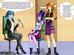 Size: 1024x768 | Tagged: safe, artist:attentte, derpibooru import, sci-twi, sunset shimmer, twilight sparkle, oc, oc:spiral swirl, equestria girls, equestria girls series, boots, bowtie, bracelet, chair, clothes, cute, geode of empathy, geode of telekinesis, glasses, hypnosis, hypnotherapy, hypnotist, hypnotized, jewelry, magical geodes, necklace, pendulum swing, pocket watch, ponytail, shoes, sitting, skirt, socks, speech bubble, swirly eyes, thought bubble