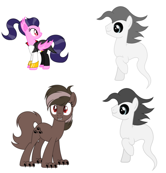 Size: 3000x3117 | Tagged: safe, artist:diamond-chiva, derpibooru import, oc, oc:fuchsia fang, oc:moon shivers, oc:muddy paws, unofficial characters only, bat pony, earth pony, ghost, hengstwolf, pony, undead, vampire, werewolf, black sclera, cape, clothes, coat, colored sclera, fangs, female, male, mare, pants, raised hoof, simple background, stallion, suit, transparent background