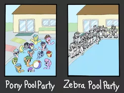 Size: 1024x768 | Tagged: safe, artist:rainbow-douch, derpibooru import, oc, pony, zebra, beach ball, comparison, meme, pool party, pool's closed, racism, swimming, swimming pool, zebra oc, zebras as black people stereotype, ziggers