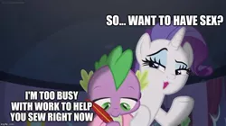 Size: 888x499 | Tagged: caption, dark, derpibooru import, dragon dropped, edit, edited screencap, feather, image macro, imminent sex, implied sex, implied shipping, implied sparity, implied straight, quill, raised hooves, rarity, screencap, sleepy, spike, suggestive, text, writing