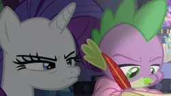 Size: 1920x1080 | Tagged: safe, derpibooru import, screencap, rarity, spike, dragon, pony, unicorn, dragon dropped, angry, annoyed, blanket, clothes, discovery family logo, duo, female, frown, ignoring, jealous, lighting, mare, narrowed eyes, nose wrinkle, quill, robe, spike's room, winged spike, writing