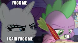 Size: 888x499 | Tagged: suggestive, derpibooru import, edit, edited screencap, screencap, rarity, spike, dragon, pony, unicorn, dragon dropped, angry, annoyed, bathrobe, caption, clothes, discovery family logo, duo, female, frown, ignoring, image macro, imminent sex, implied sex, jealous, lighting, male, mare, narrowed eyes, nose wrinkle, quill, robe, spike's room, text, vulgar, winged spike, writing