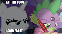 Size: 888x499 | Tagged: safe, derpibooru import, edit, edited screencap, screencap, rarity, spike, dragon, pony, unicorn, dragon dropped, angry, annoyed, blanket, caption, clothes, discovery family logo, duo, eating, female, frown, ignoring, image macro, jealous, lighting, logo, mare, narrowed eyes, nose wrinkle, quill, robe, spike's room, text, winged spike, writing