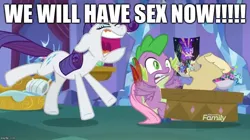 Size: 888x499 | Tagged: suggestive, derpibooru import, edit, edited screencap, screencap, captain mare-acle, rarity, sagittiara, spike, wonder mare (power ponies), dragon, pony, unicorn, dragon dropped, and then there's rarity, angry, blanket, caption, discovery family logo, duo, excessive exclamation marks, faic, female, image macro, imminent sex, implied sex, male, mare, motion blur, poster, potted plant, power ponies, quill, scared, screaming, scroll, spike's bed, spike's room, startled, subtle as a train wreck, teeth, text, uvula, winged spike, yelling