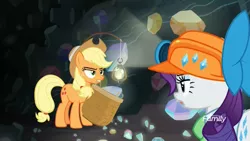 Size: 1920x1080 | Tagged: safe, derpibooru import, screencap, applejack, rarity, earth pony, pony, unicorn, dragon dropped, annoyed, basket, clothes, discovery family logo, duo, female, gem, gem cave, helmet, lantern, mare, mining helmet, mouth hold, shirt, unamused