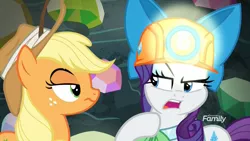 Size: 1920x1080 | Tagged: safe, derpibooru import, screencap, applejack, rarity, earth pony, pony, unicorn, dragon dropped, annoyed, argument, clothes, discovery family logo, duo, eye contact, female, gem, gem cave, helmet, lidded eyes, looking at each other, mare, mining helmet, raised eyebrow, shirt, unamused