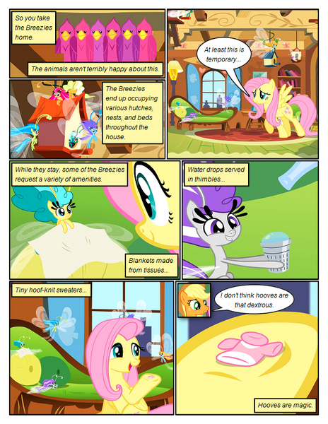 Size: 612x792 | Tagged: safe, artist:newbiespud, derpibooru import, edit, edited screencap, screencap, applejack, fluttershy, bird, breezie, earth pony, pegasus, pony, comic:friendship is dragons, annoyed, bird house, clothes, comic, couch, dexterous hooves, dialogue, female, fluttershy's cottage (interior), freckles, frown, hat, hoof hold, mare, screencap comic, shirt, smiling, thimble, tissue, unamused, underhoof, worried