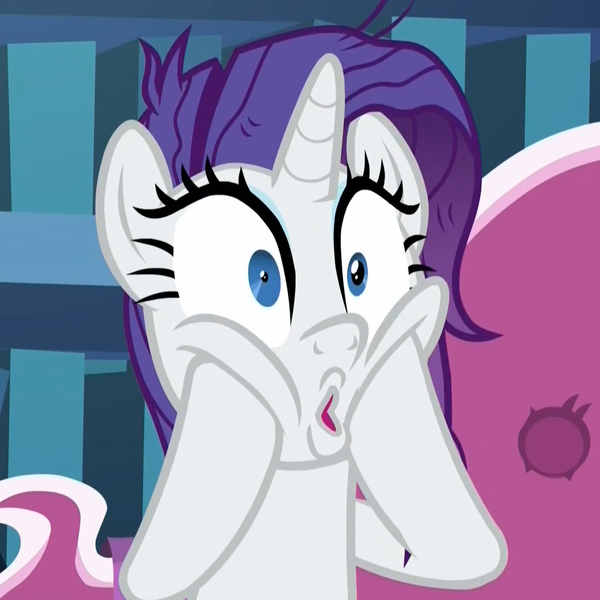 Size: 1078x1078 | Tagged: safe, derpibooru import, screencap, rarity, pony, unicorn, dragon dropped, crazy eyes, cropped, fainting couch, female, gasp, hooves on cheeks, library, mare, messy mane, oh no, shrunken pupils, solo, squishy cheeks, twilight's castle, twilight's castle library, worried