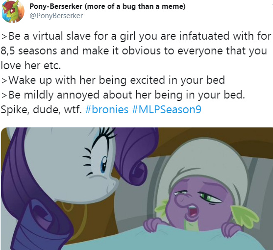 Size: 557x510 | Tagged: annoyed, bed, derpibooru import, dragon dropped, edit, edited screencap, editor:pony-berserker, meta, rarity, safe, screencap, spike, twitter, wait that's illegal