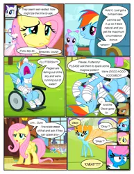 Size: 612x792 | Tagged: safe, artist:newbiespud, derpibooru import, edit, edited screencap, screencap, applejack, flitter, fluttershy, rainbow dash, rarity, breezie, earth pony, pegasus, pony, unicorn, comic:friendship is dragons, ..., background pony, bandage, bandaid, bow, clothes, comic, couch, dialogue, female, flying, freckles, frown, hair bow, injured, male, mare, sad, screencap comic, sitting, smiling, surprised, unamused, wheelchair