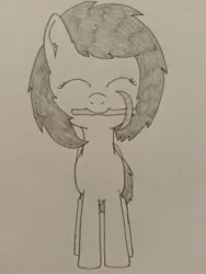 Size: 3024x4032 | Tagged: safe, artist:craftycirclepony, derpibooru import, oc, oc:anonfilly, unofficial characters only, earth pony, pony, eyes closed, female, filly, mouth hold, pickaxe, sketch, smiling, solo, traditional art