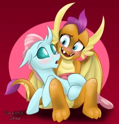 Size: 2100x2200 | Tagged: artist:sadistic star, blushing, changedling, changeling, cute, derpibooru import, diaocelles, dragon, female, high res, interspecies, lesbian, looking at each other, ocellus, safe, shipping, signature, sitting, smolcellus, smolder, smolderbetes