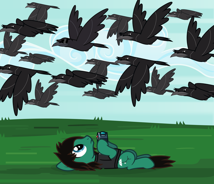 Size: 2704x2324 | Tagged: safe, artist:lightningbolt, derpibooru import, ponified, bird, crow, earth pony, pony, derpibooru, .svg available, bring me the horizon, camera, clothes, cloud, cool crow, derpibooru badge, flying, frown, grass, hoof hold, looking up, male, meta, murder of crows, on back, outdoors, shirt, sky, solo, stallion, sunglasses, svg, t-shirt, tom sykes, vector, wings