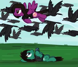 Size: 2704x2324 | Tagged: safe, artist:lightningbolt, derpibooru import, ponified, bird, crow, earth pony, pegasus, pony, .svg available, angry, bring me the horizon, camera, clothes, cloud, duo, flying, frown, grass, hoof hold, looking up, male, murder of crows, on back, outdoors, pierce the veil, shirt, sky, spread wings, stallion, svg, t-shirt, tom sykes, vector, vic fuentes, wings