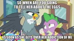 Size: 888x499 | Tagged: safe, derpibooru import, edit, edited screencap, screencap, gabby, spike, dragon, gryphon, dragon dropped, bell, book, caption, comic book, door, female, food, ice cream, image macro, implied rarity, implied shipping, implied sparity, implied straight, male, pile, shipping, spabby, straight, text, winged spike