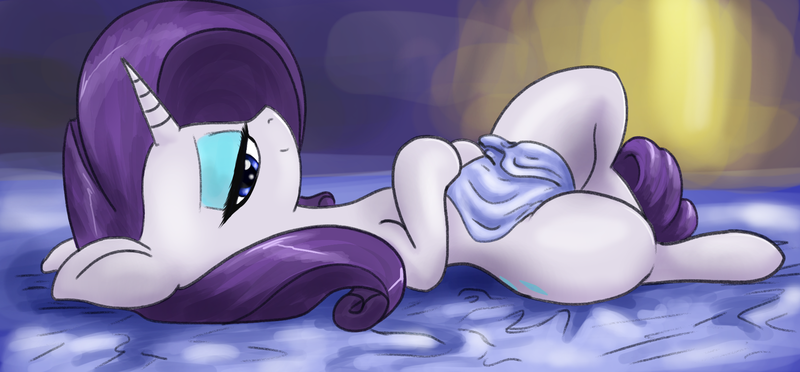 Size: 2000x930 | Tagged: suggestive, artist:t72b, derpibooru import, rarity, pony, unicorn, bed, bedroom eyes, covering, eyeshadow, female, lidded eyes, looking at you, makeup, mare, on back, smiling, solo