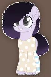 Size: 1077x1635 | Tagged: safe, artist:bluedinoadopts, derpibooru import, oc, oc:berry mix, unofficial characters only, earth pony, pony, afro, blank flank, brown background, clothes, female, grin, mare, shirt, simple background, smiling, socks, solo, striped socks