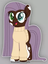 Size: 1236x1662 | Tagged: safe, artist:bluedinoadopts, derpibooru import, oc, oc:blended mocha, unofficial characters only, earth pony, pony, blank flank, clothes, female, gray background, heterochromia, mare, open mouth, simple background, solo, sweater, vitiligo