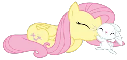 Size: 3147x1500 | Tagged: safe, artist:sketchmcreations, derpibooru import, angel bunny, fluttershy, pegasus, pony, rabbit, she talks to angel, animal, cute, duo, eyes closed, female, hug, male, mare, prone, shyabetes, simple background, smiling, transparent background, vector