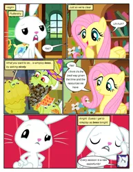 Size: 612x792 | Tagged: safe, artist:newbiespud, derpibooru import, edit, edited screencap, screencap, angel bunny, fluttershy, granny smith, rarity, bee, insect, pegasus, pony, rabbit, unicorn, comic:friendship is dragons, animal, bee beard, beehive, book, clothes, comic, dialogue, eyes closed, facepalm, female, flower, male, mare, scarf, screencap comic, sigh, smiling, speech bubble, unamused